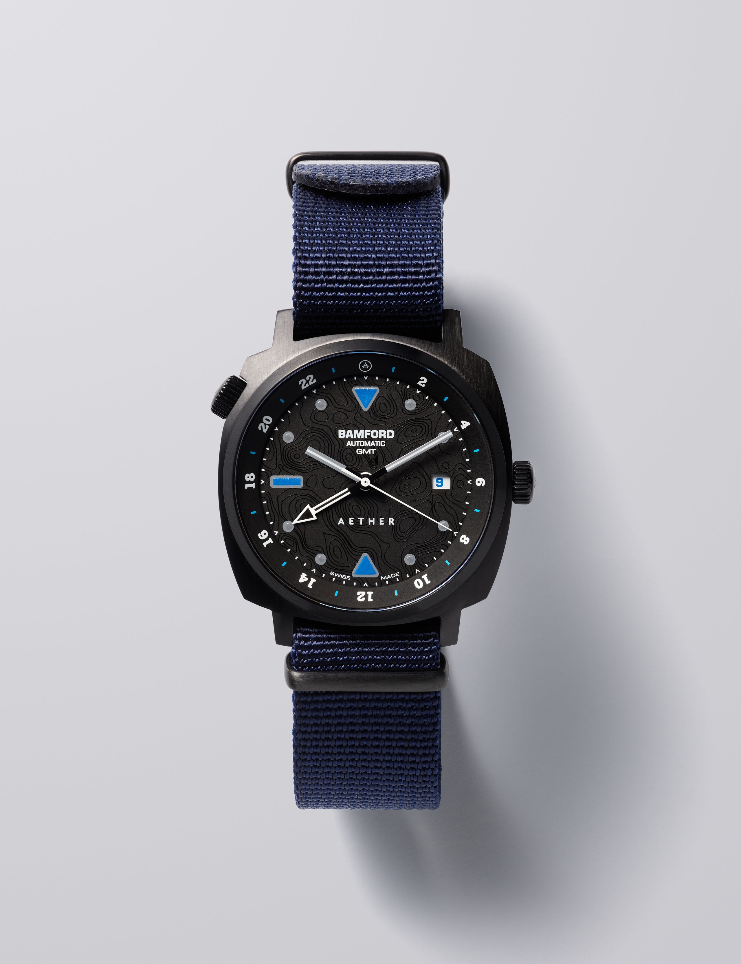 Front facing view of AETHER and Bamford watch.