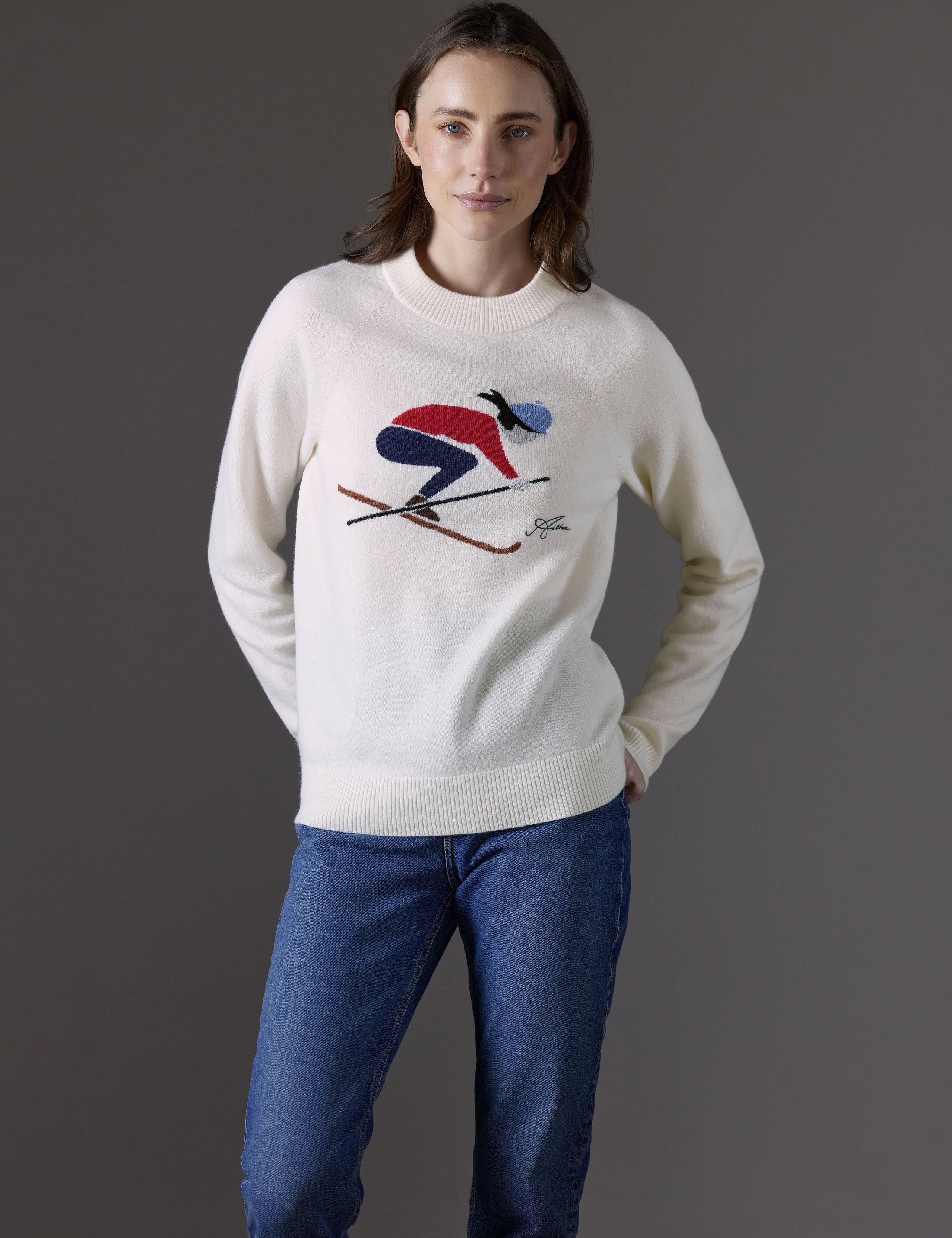 Front body view of woman wearing Bridget Sweater in Winter White from AETHER Apparel.