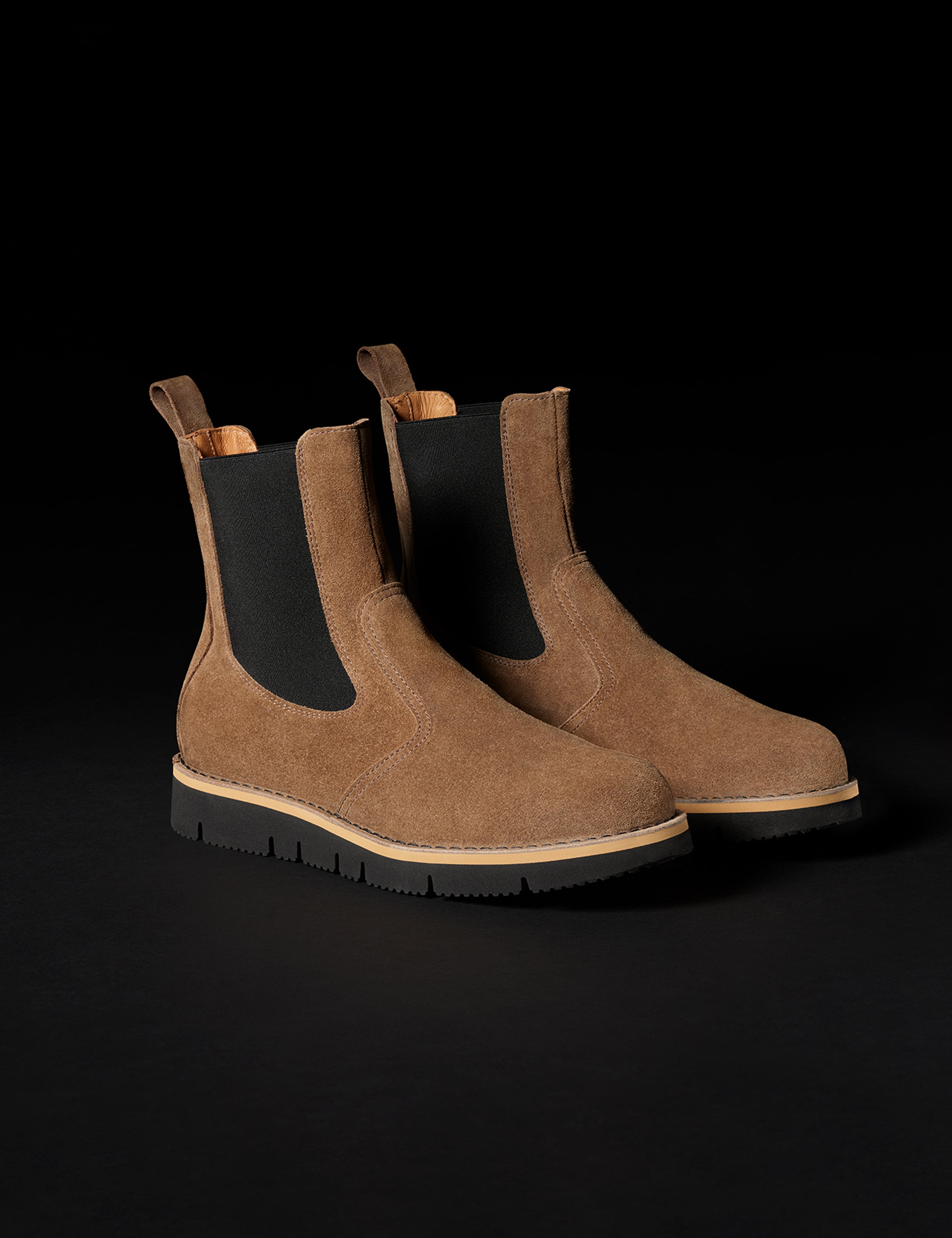 Front angled view of AETHER Chelsea Boot in Taupe from AETHER Apparel.