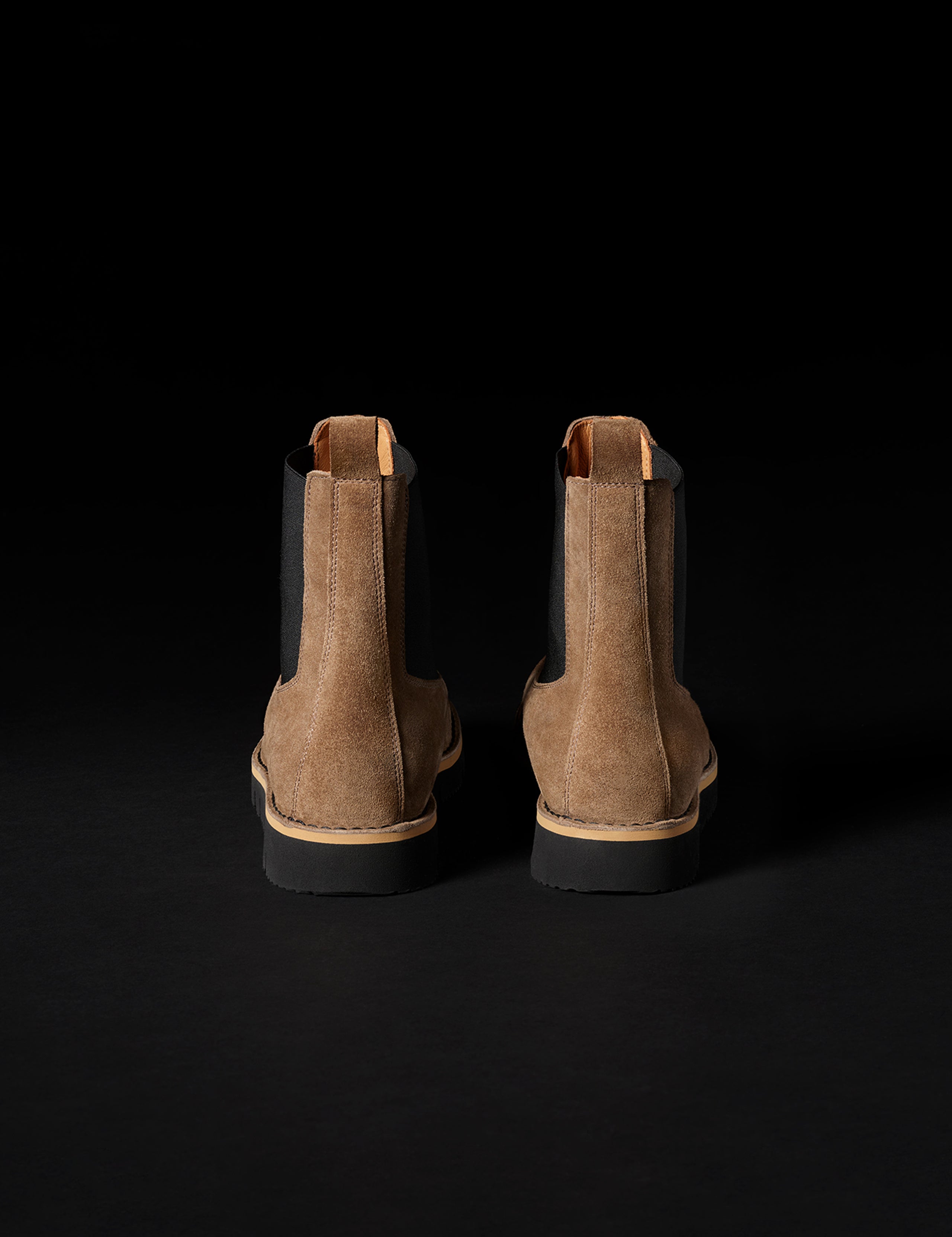 Rear view of AETHER Chelsea Boot in Taupe from AETHER Apparel.