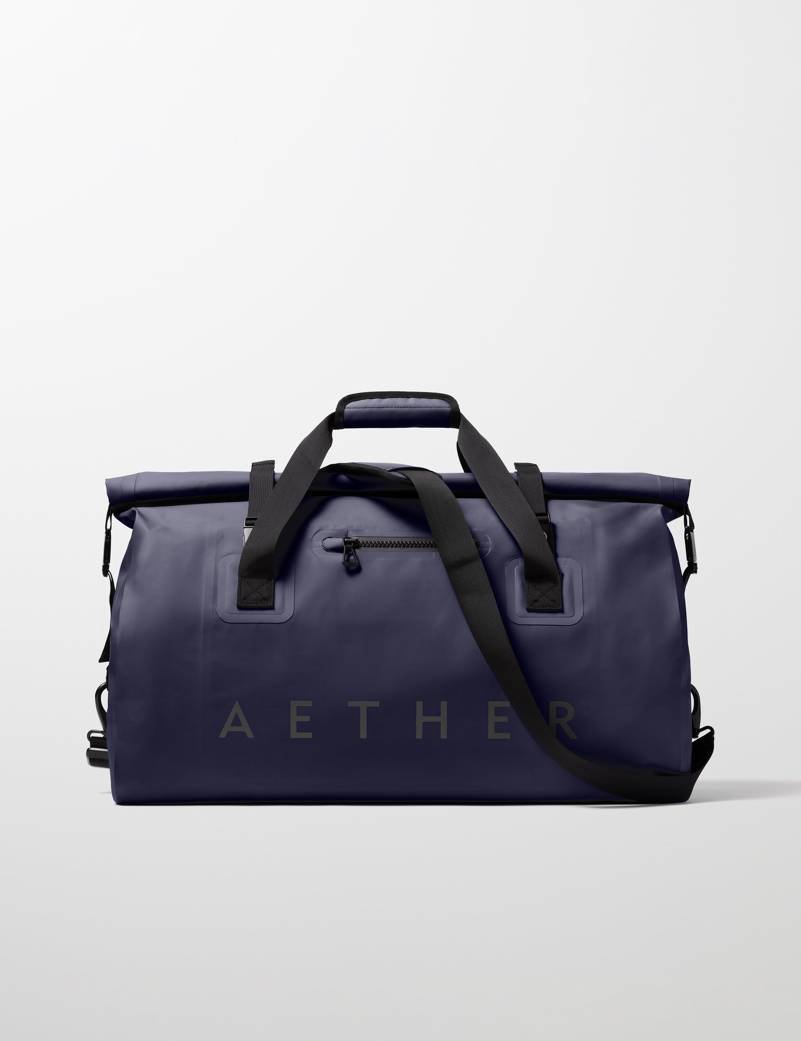 Front view of Excursion Duffle Bag 60L in Total Eclipse dark blue from AETHER Apparel.