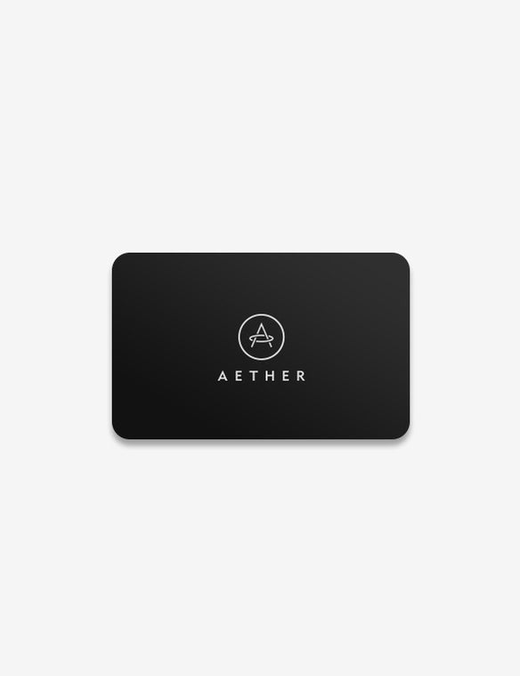 Gift card to AETHER Apparel with written logo and graphic.