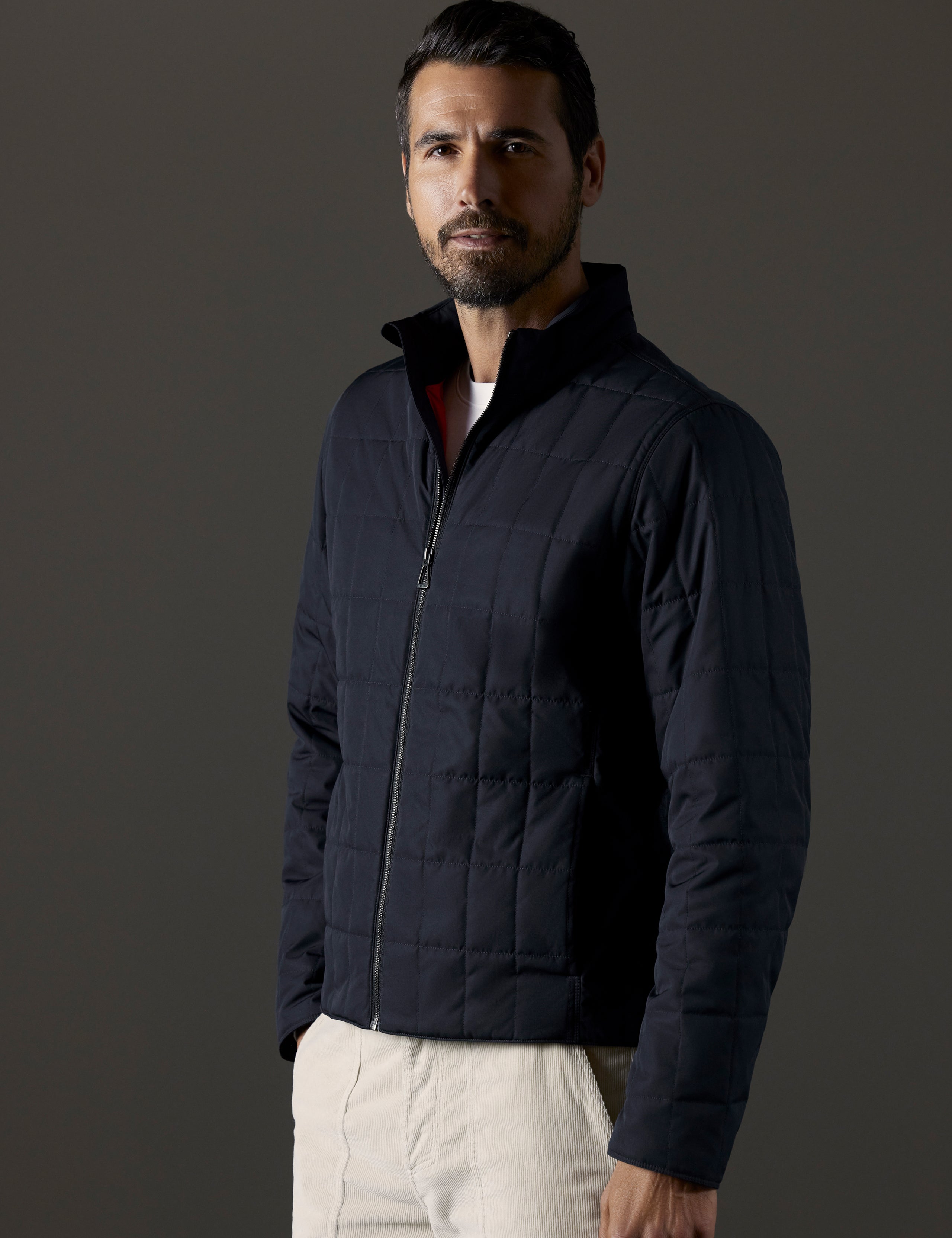 Front 3/4 body view of man wearing Alto Jacket in Onyx Black from AETHER Apparel.