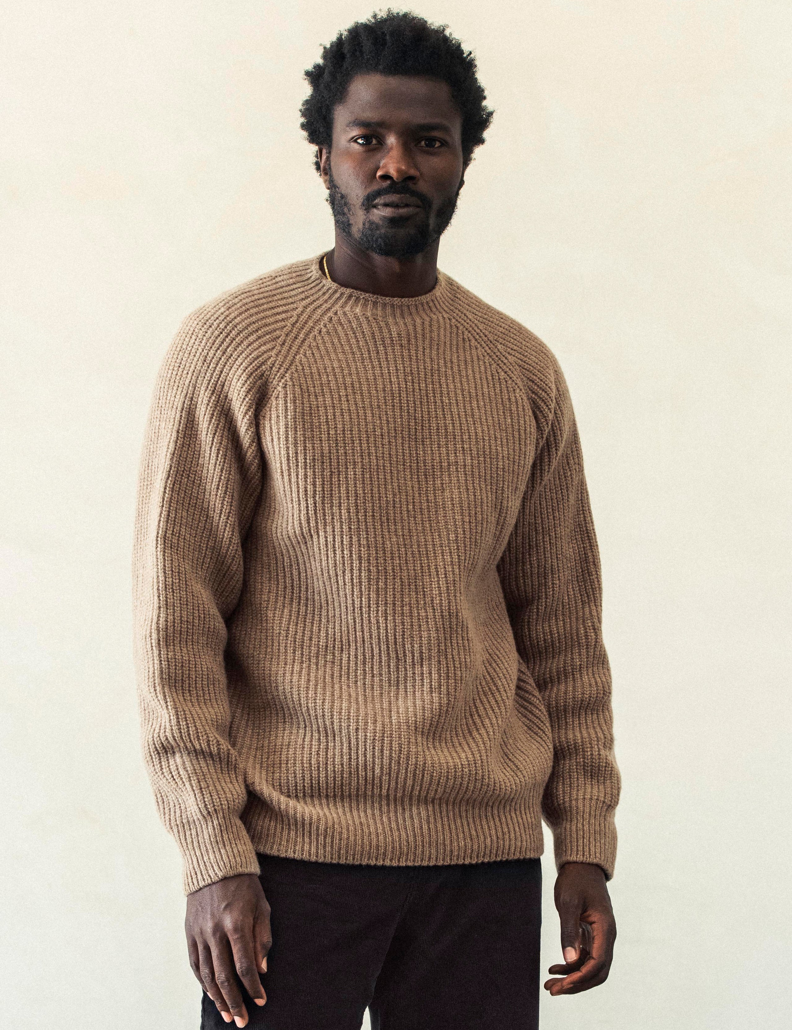 Front body view of man wearing Camden Crewneck Sweater In Chestnut Brown from AETHER Apparel