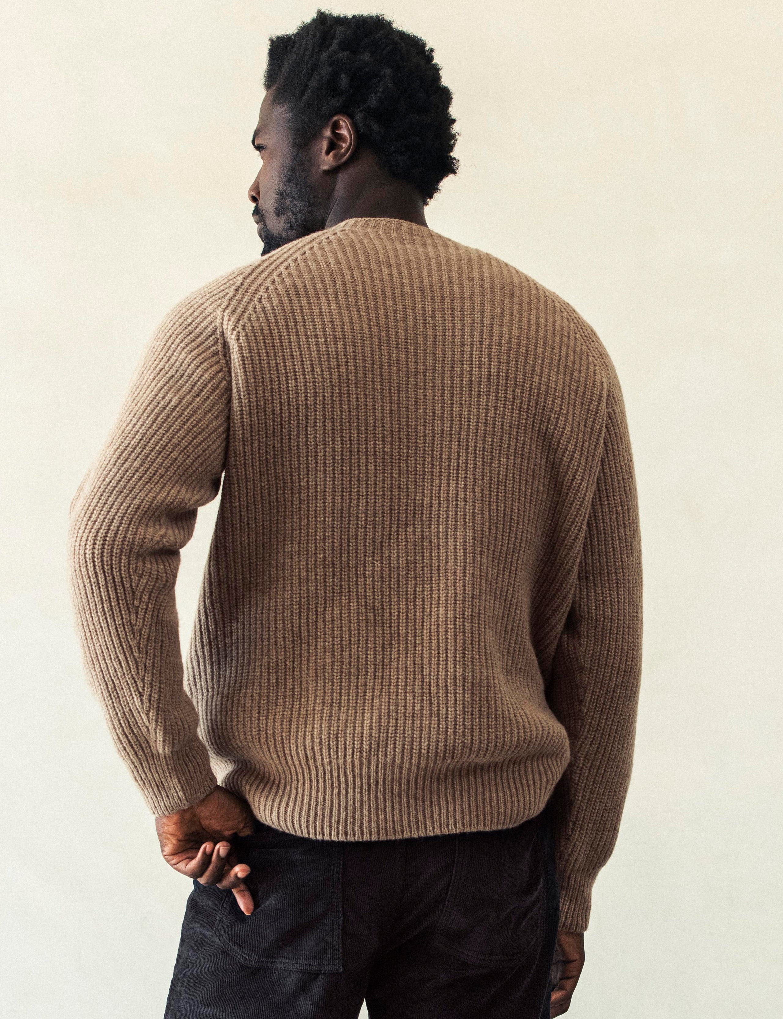 Rear body view of man wearing Camden Crewneck Sweater In Chestnut Brown from AETHER Apparel