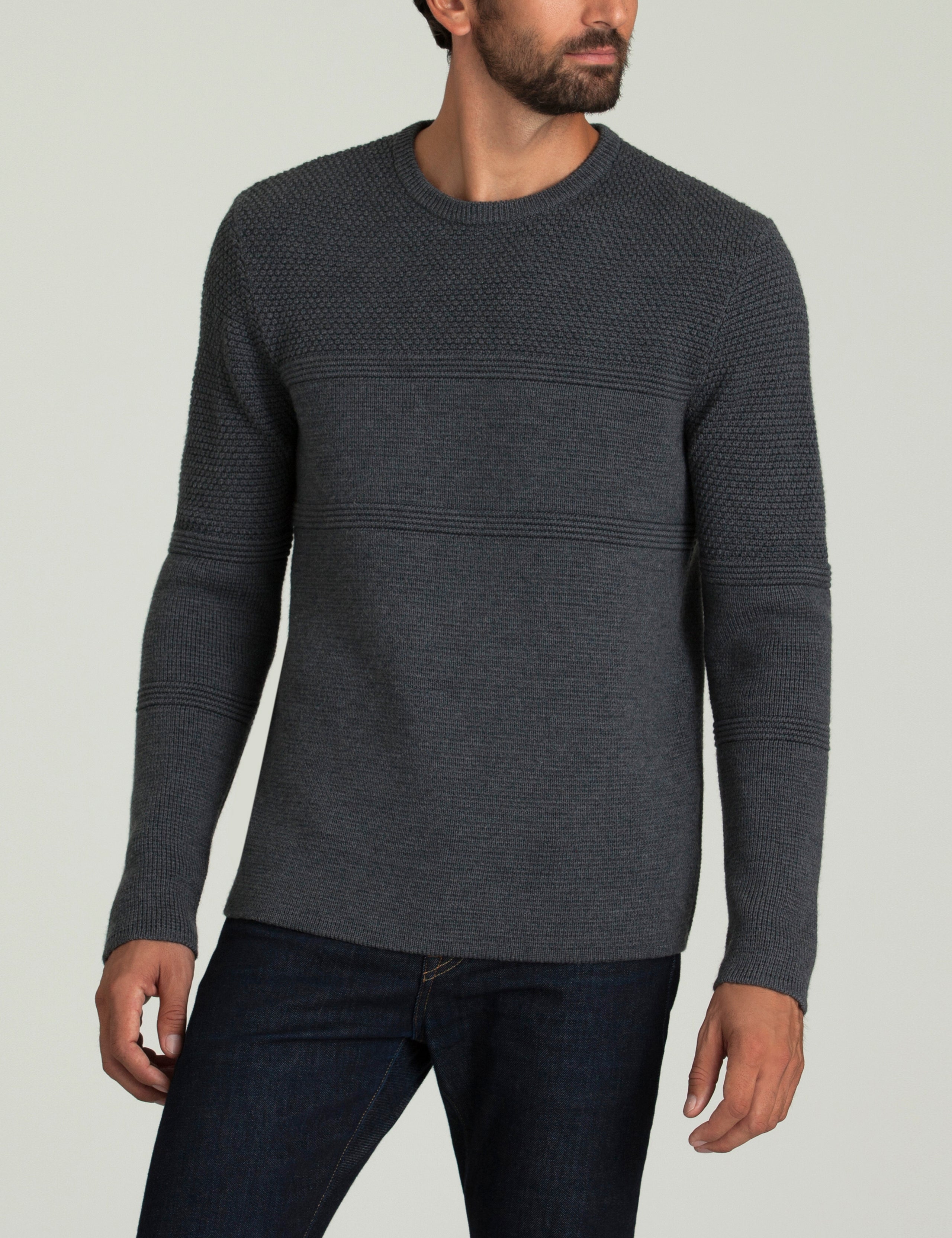 Front body view of man wearing Cooper Sweater in Dark Charcoal Heather from AETHER Apparel.