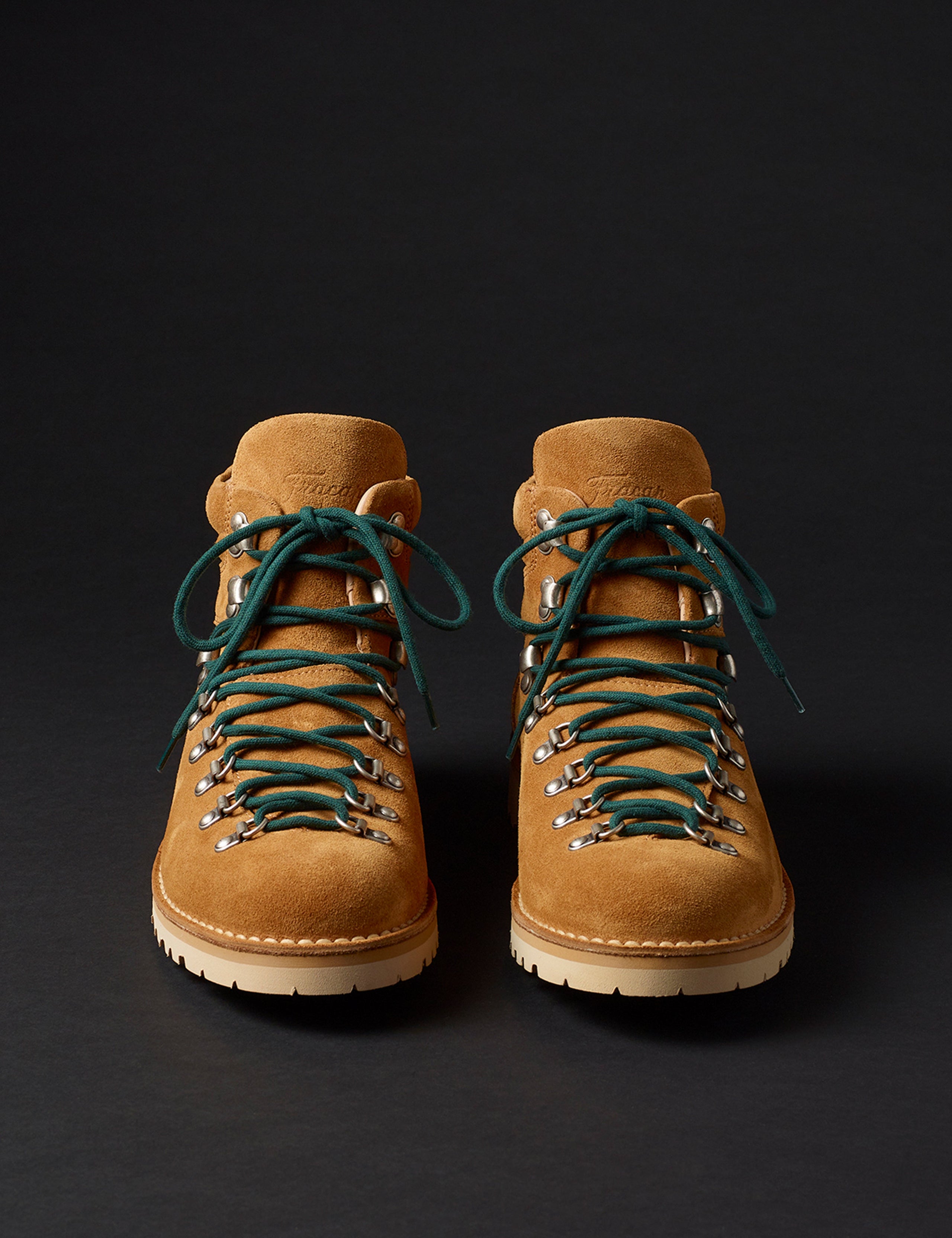 Front view of men’s Dolomite Boot in Camel with green laces from AETHER Apparel.