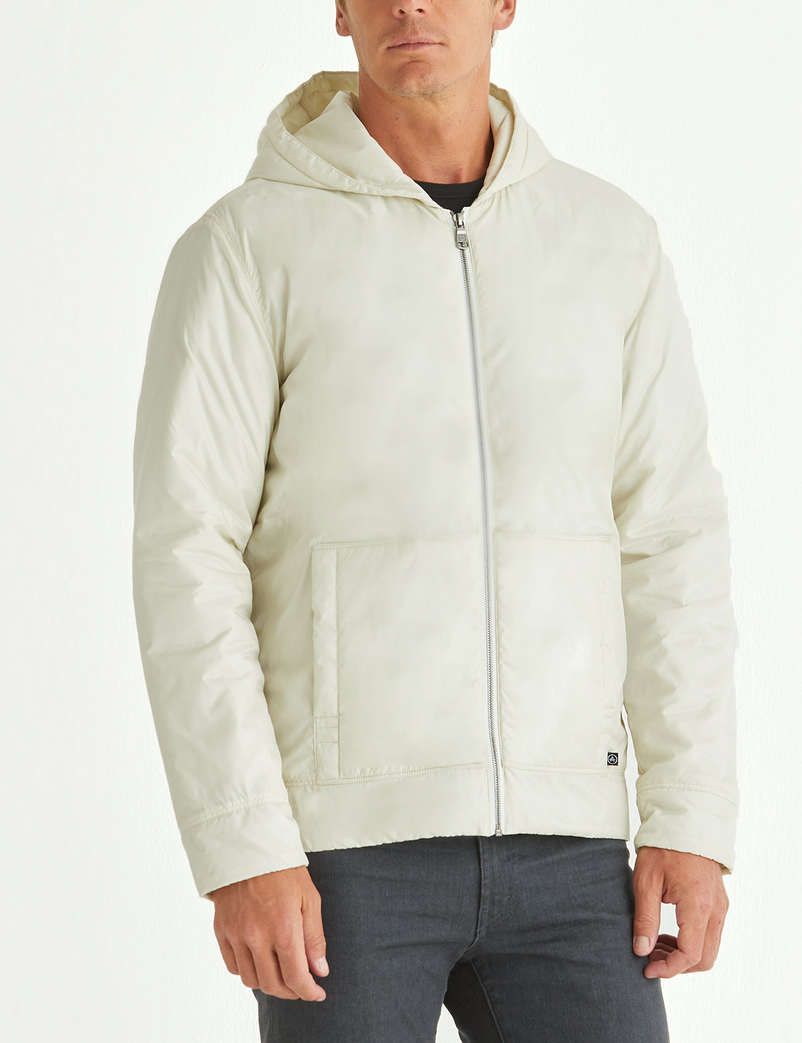 Front body view of man wearing Eco Space Hoodie in Winter White from AETHER Apparel.