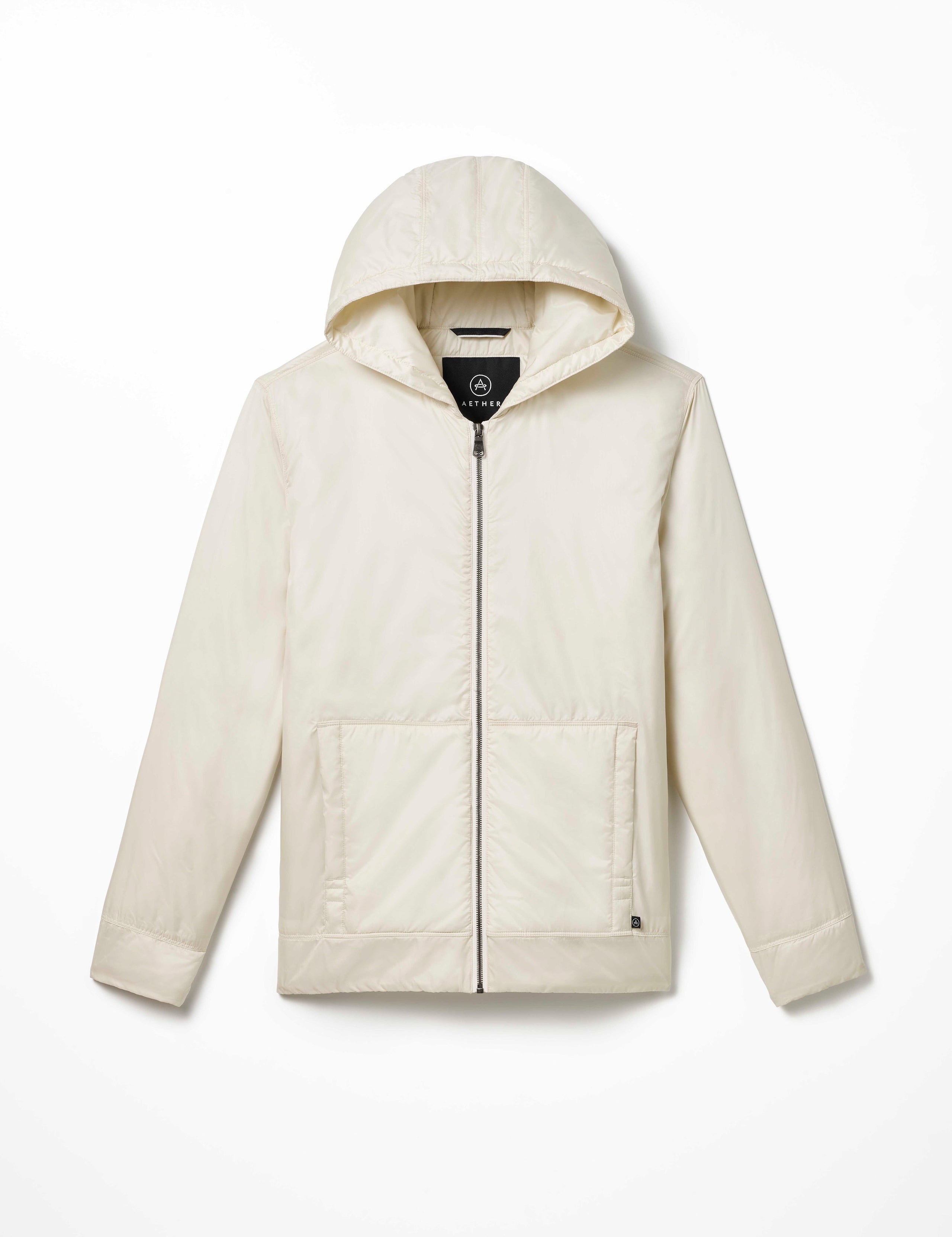 Flat lay of men's Eco Space Hoodie in Winter White from AETHER Apparel.