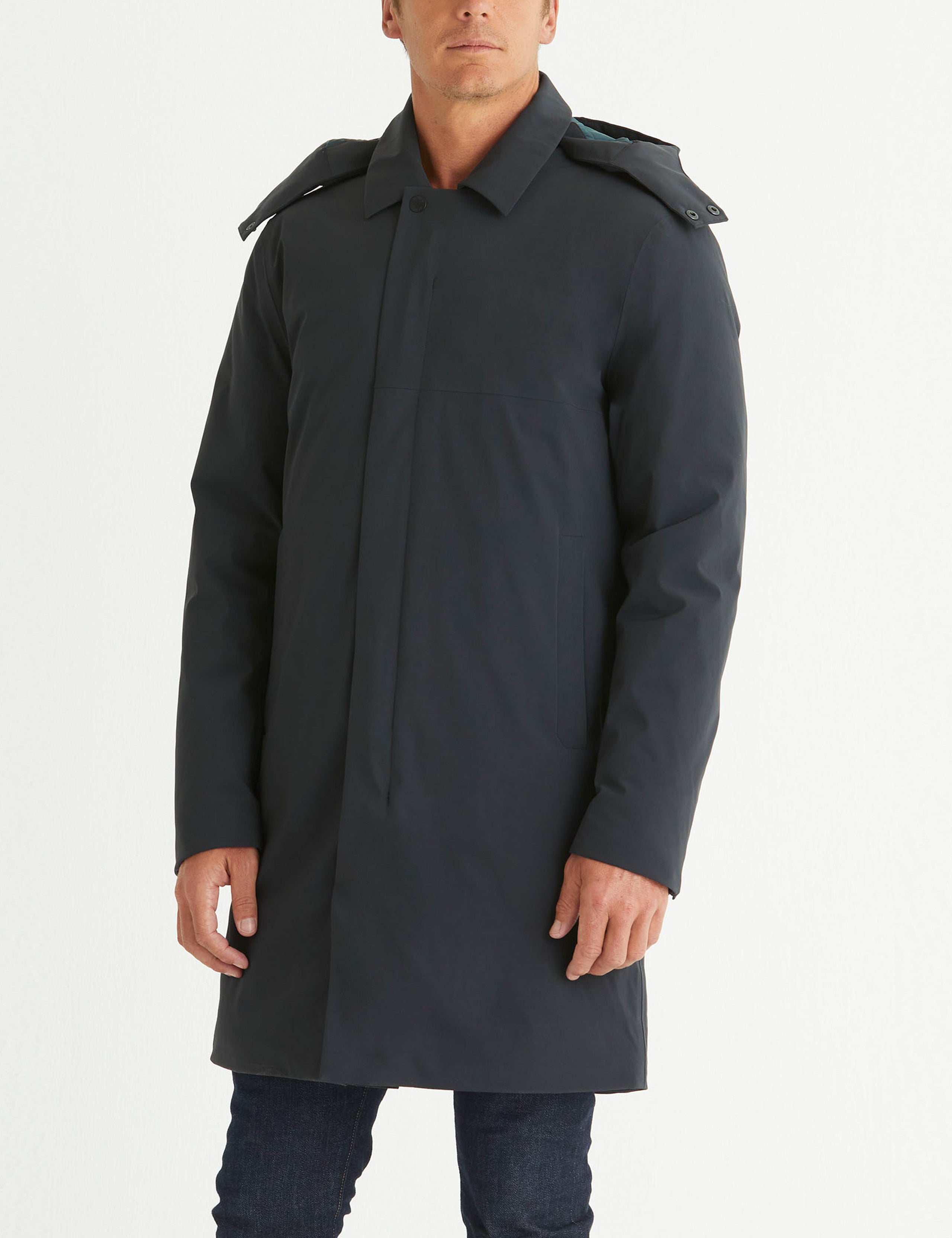 Front 3/4 body view of man wearing Isaac Jacket in Onyx Black from AETHER Apparel.