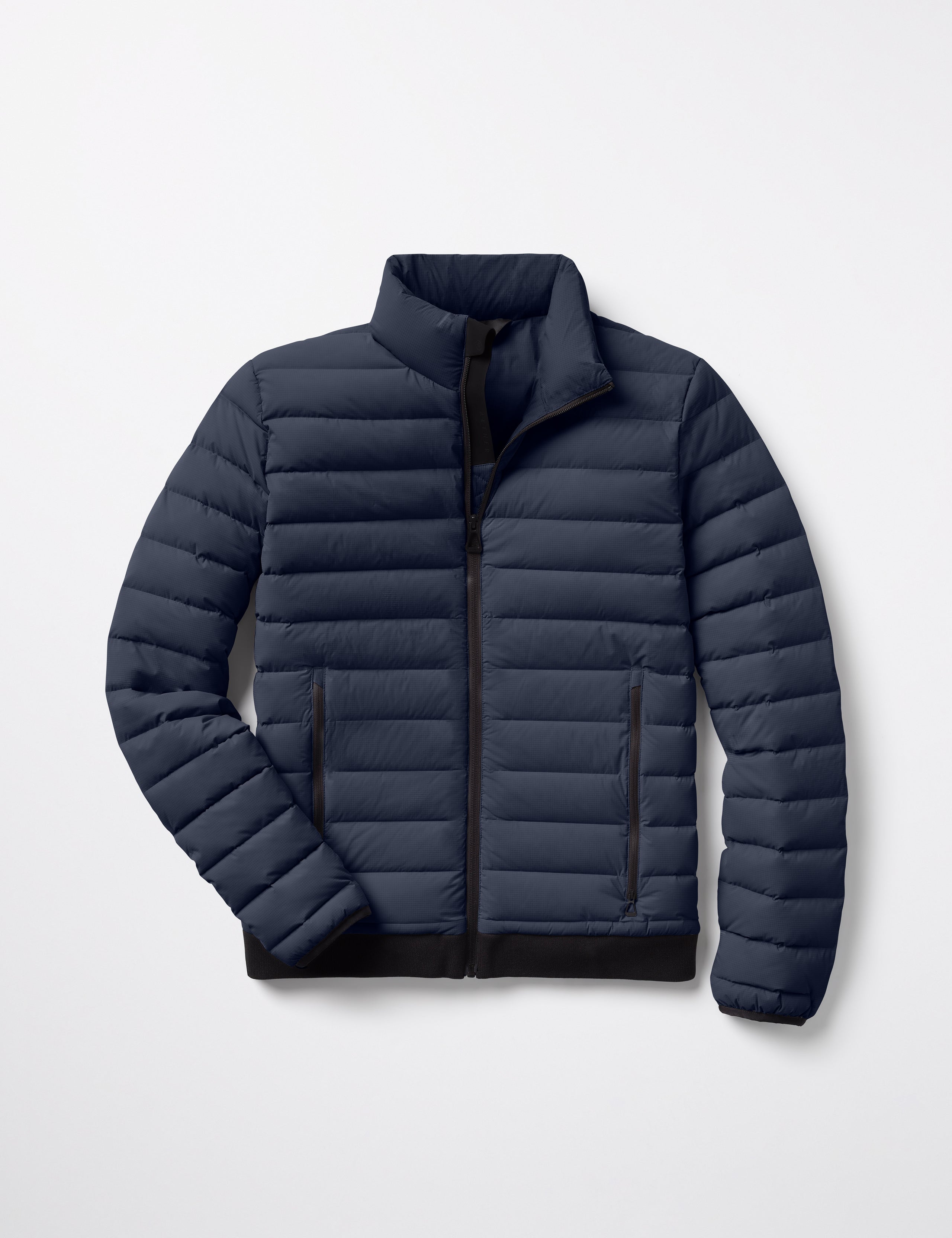 Flat lay of Launch Full-Zip Jacket NH in Total Eclipse dark blue from AETHER Apparel.