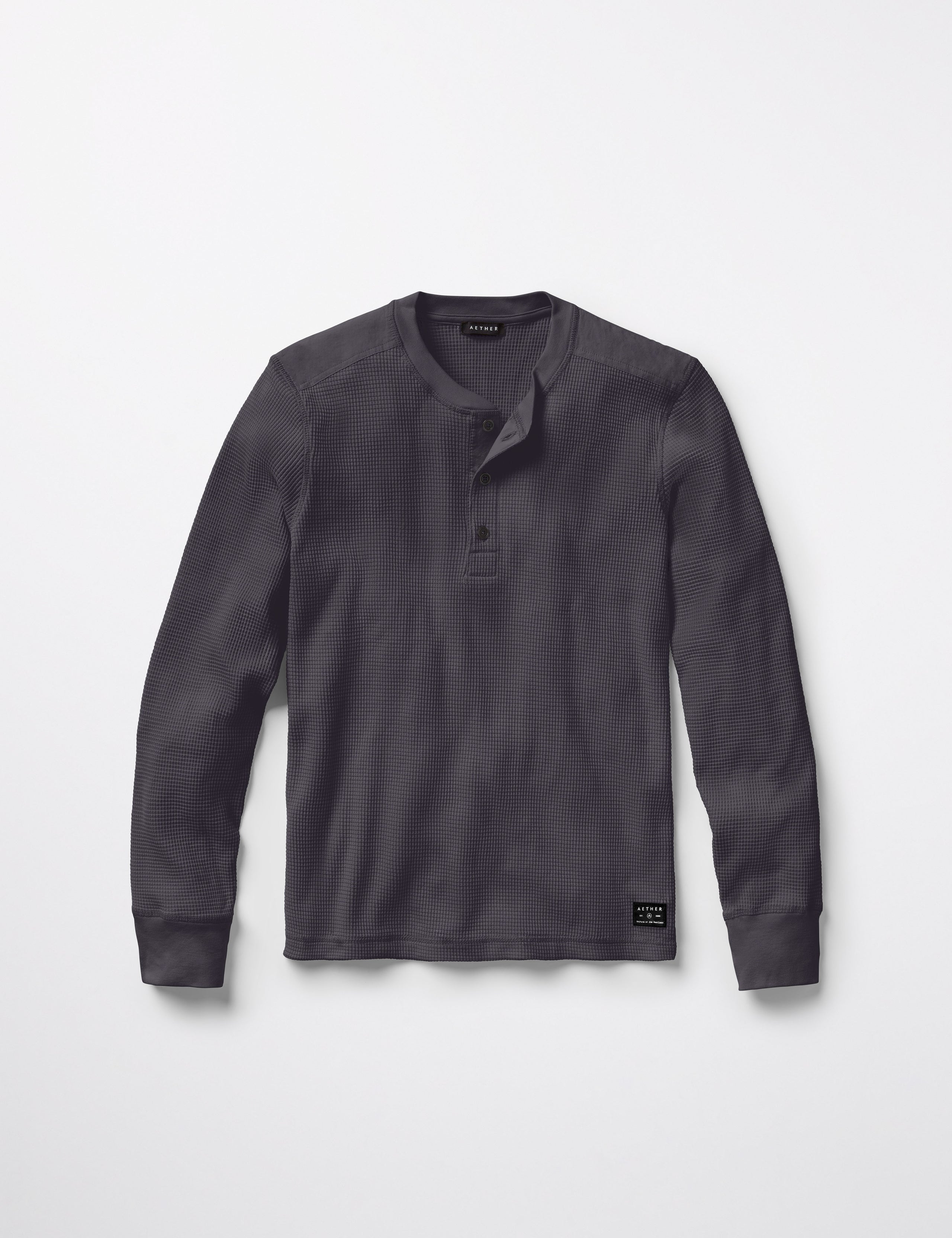 Flat lay of Milford Waffle Henley in Graphite from AETHER Apparel.