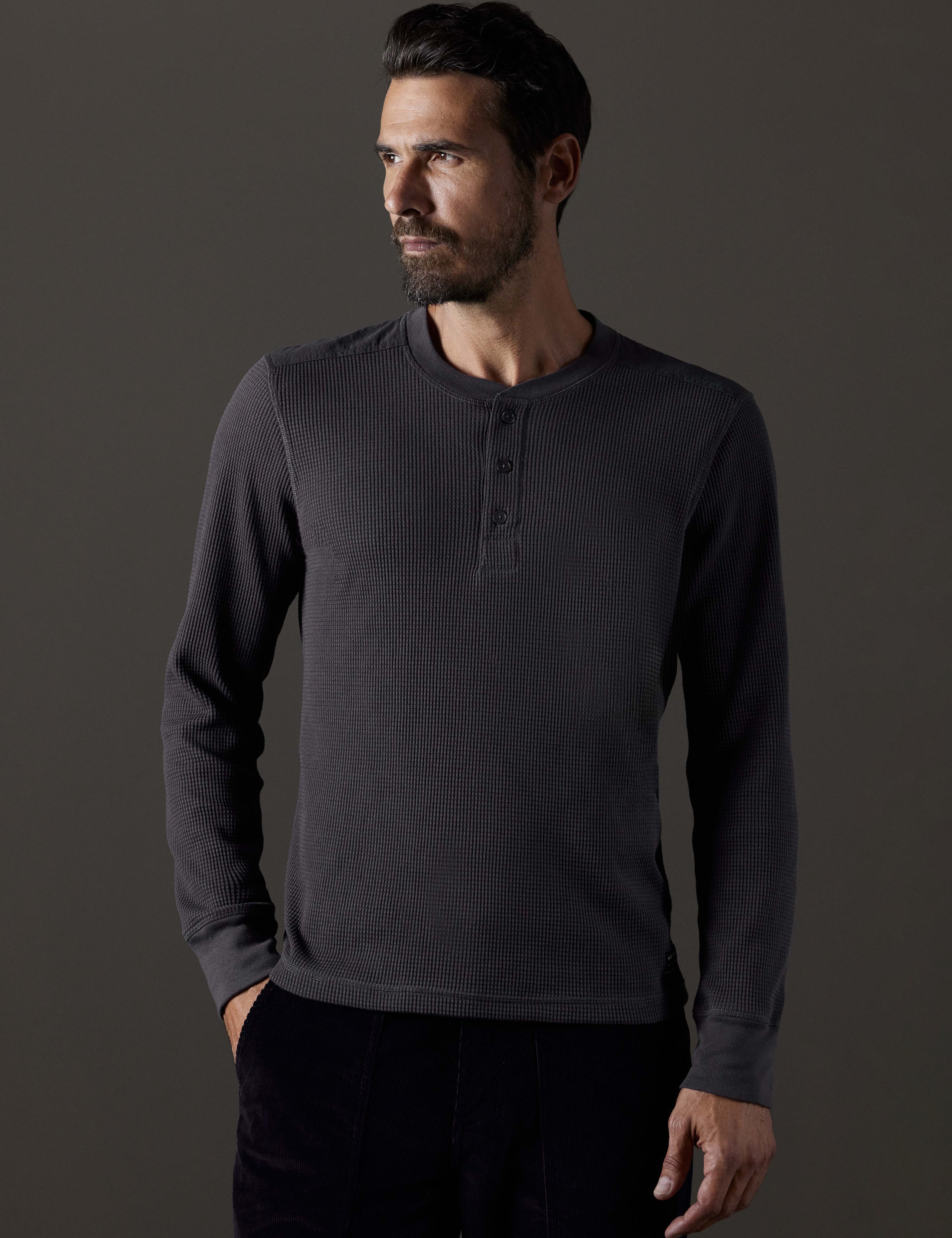 Front body view of man wearing Milford Waffle Henley in Graphite from AETHER Apparel.
