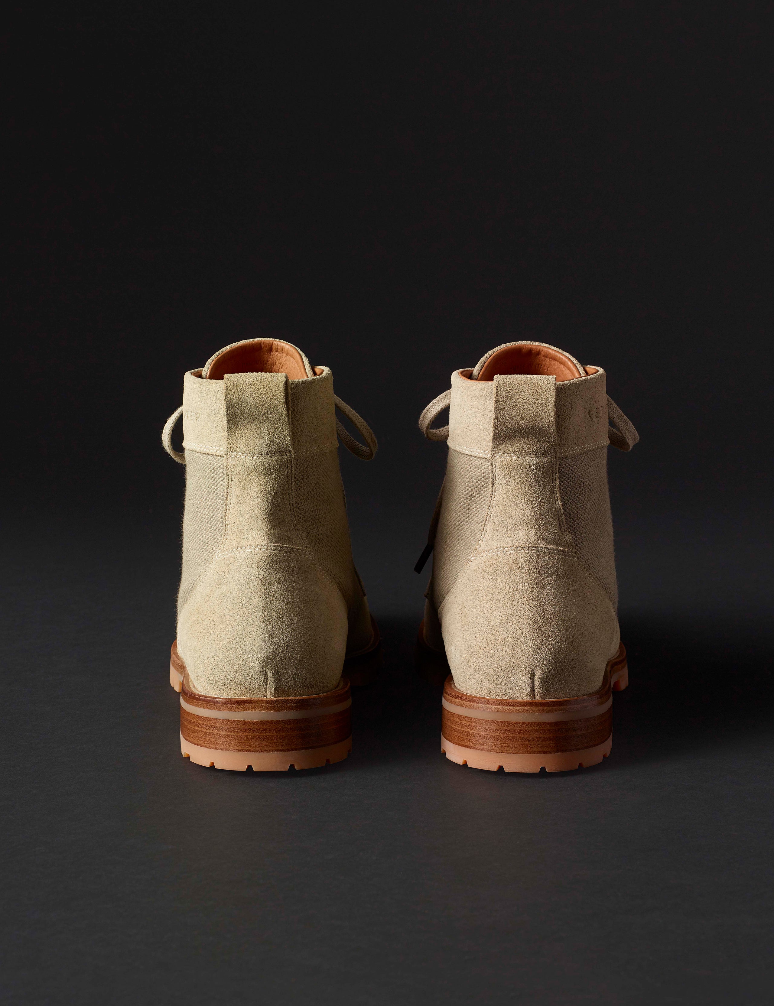 Rear view of Ojai City Boot in Natural suede and canvas from AETHER Apparel.