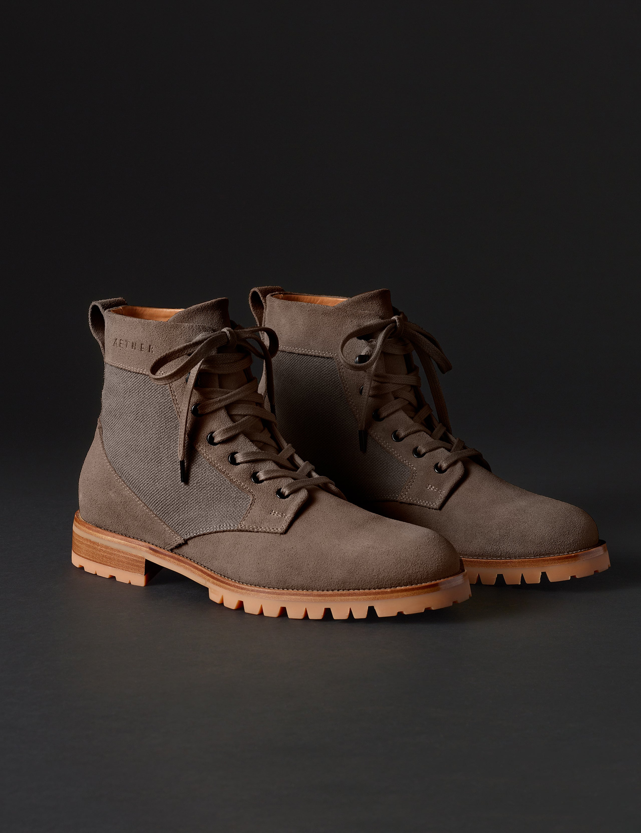 Front angled view of Ojai City Boot in Bison Brown suede and canvas from AETHER Apparel.