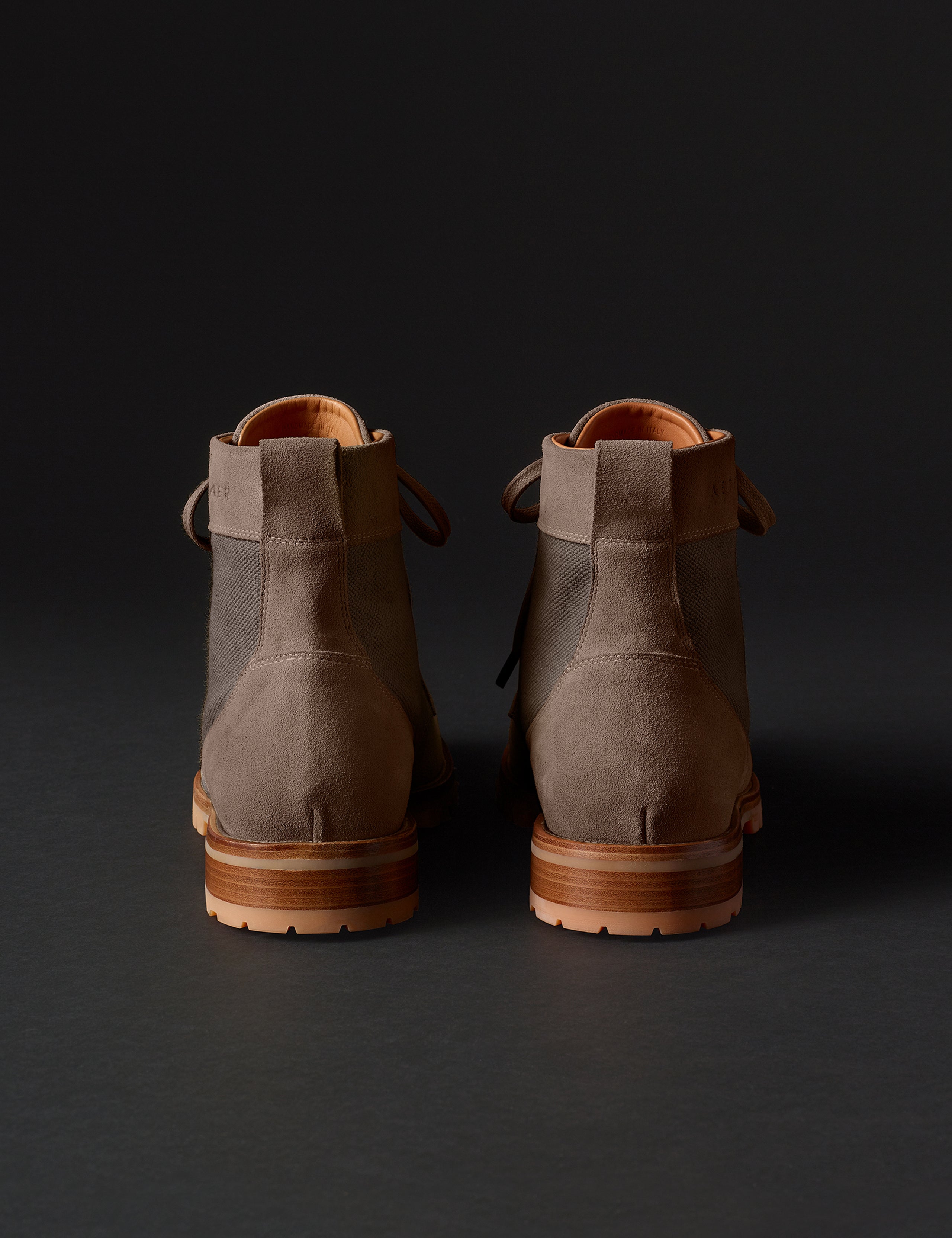 Rear view of Ojai City Boot in Bison Brown suede and canvas from AETHER Apparel.