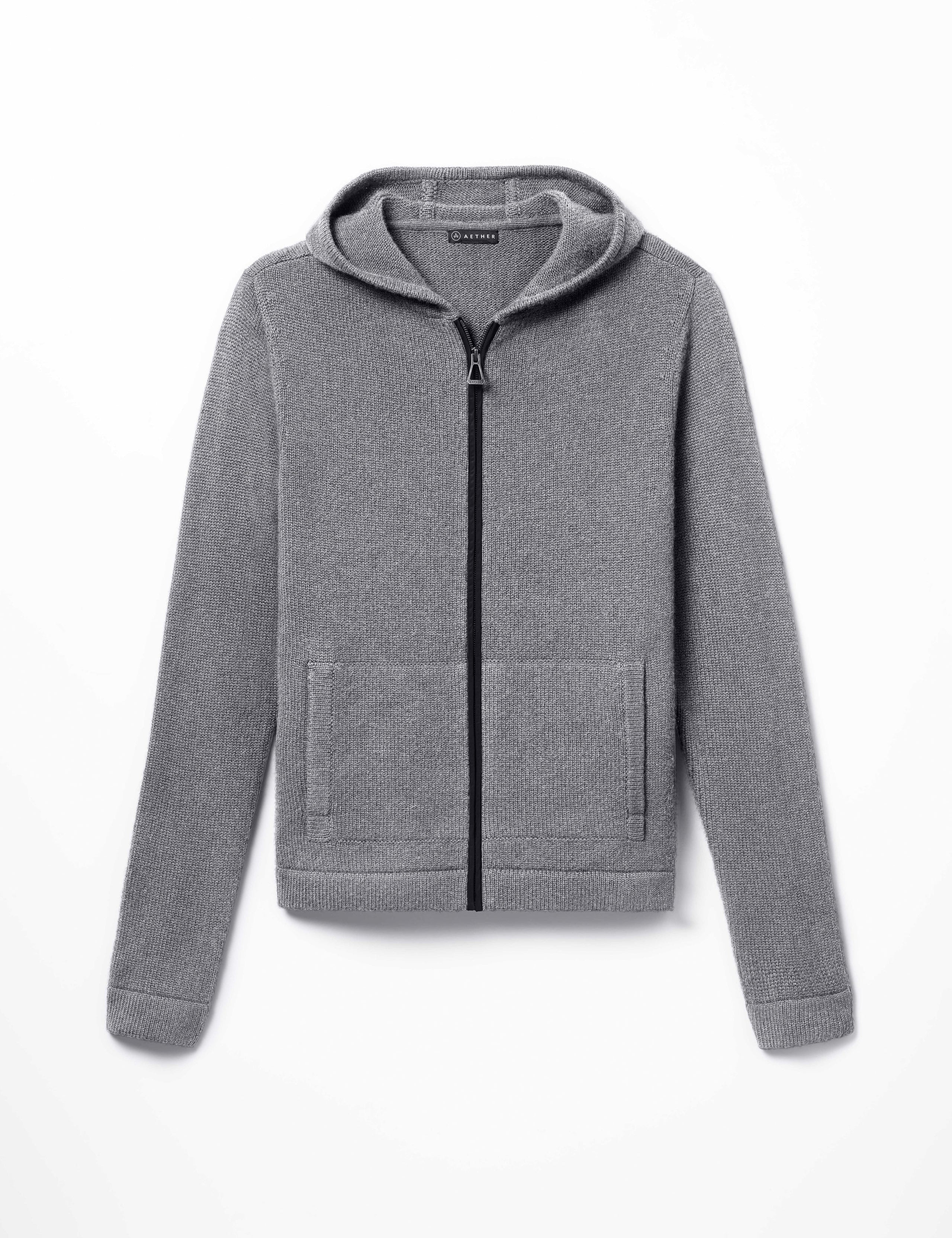 Flat lay of Sawyer Cashmere Full-Zip in Heather Grey from AETHER Apparel.
