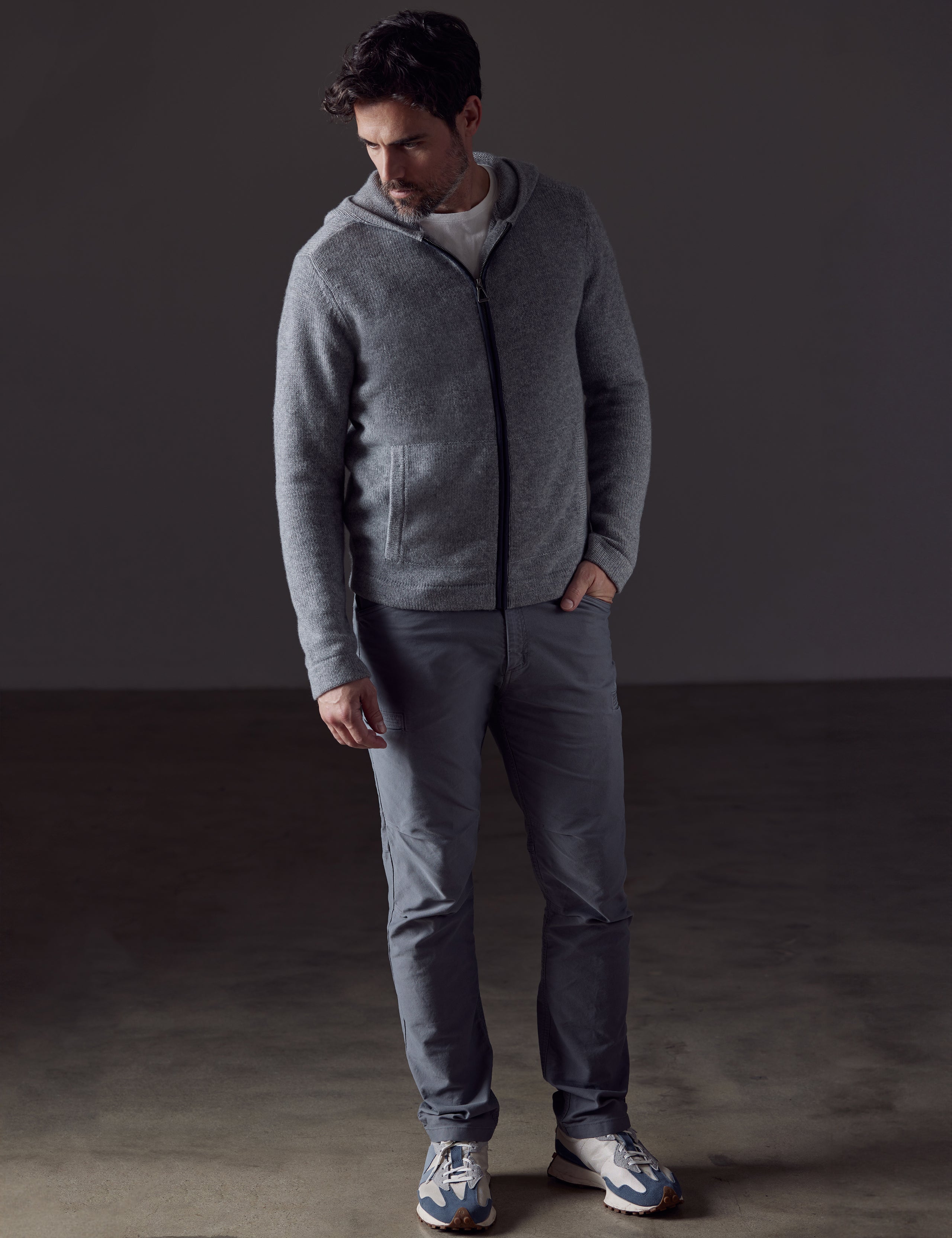 Front full-body view of man wearing Sawyer Cashmere Full-Zip in Heather Grey from AETHER Apparel.
