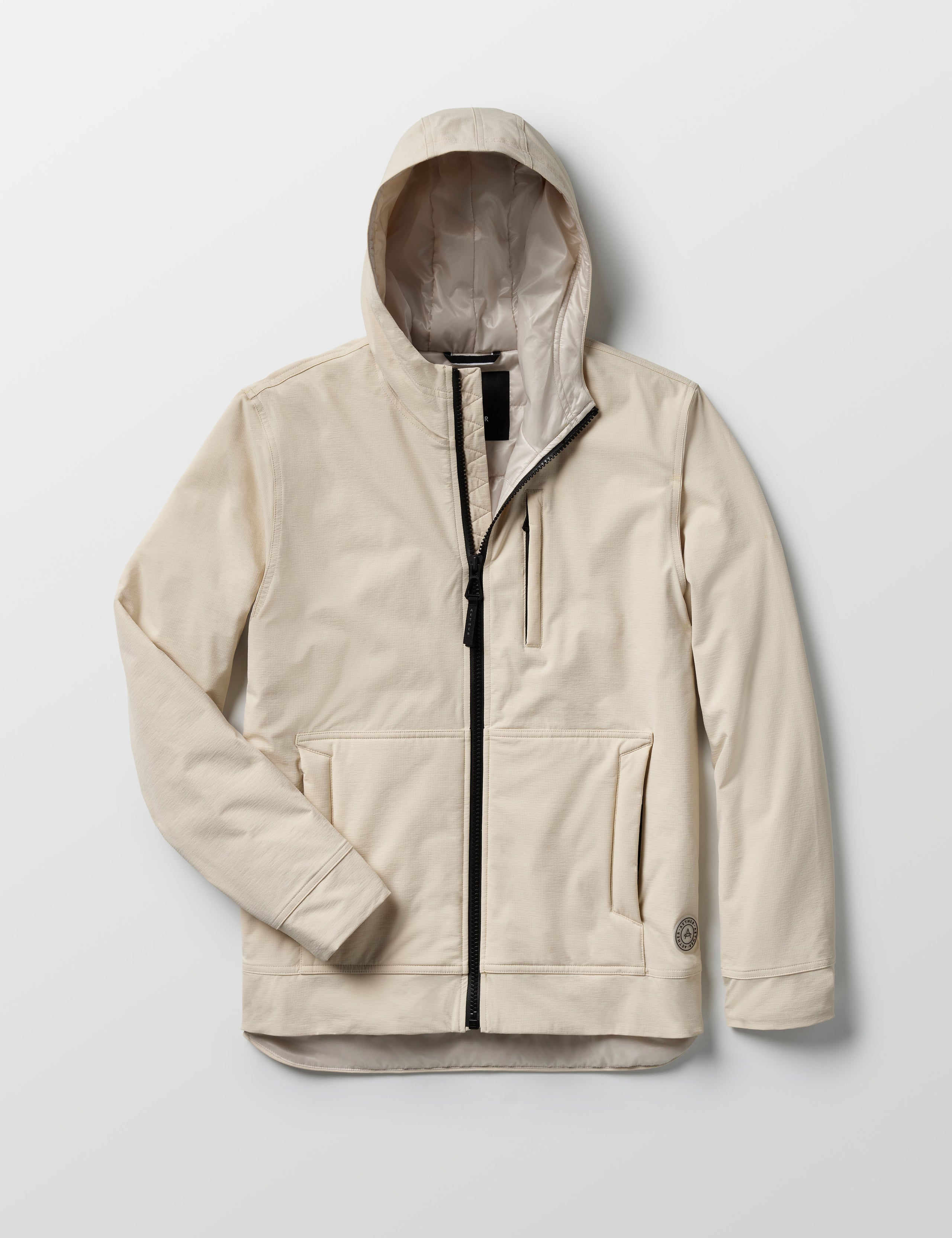 Flat lay of Stornaway Insulated Hoodie in Bone white from AETHER Apparel.