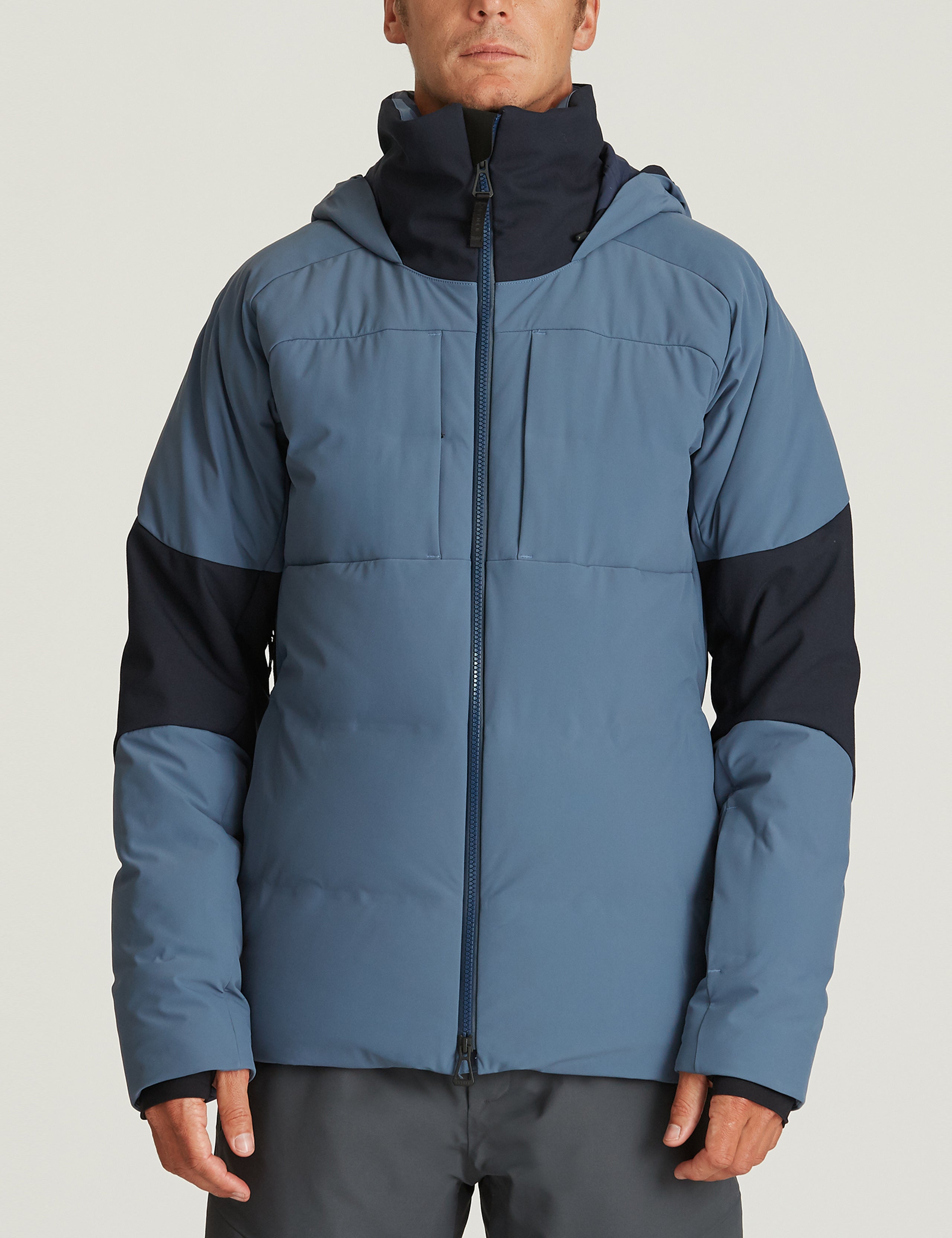 Front body view of man wearing Torino Jacket in Baltic Blue from AETHER Apparel.
