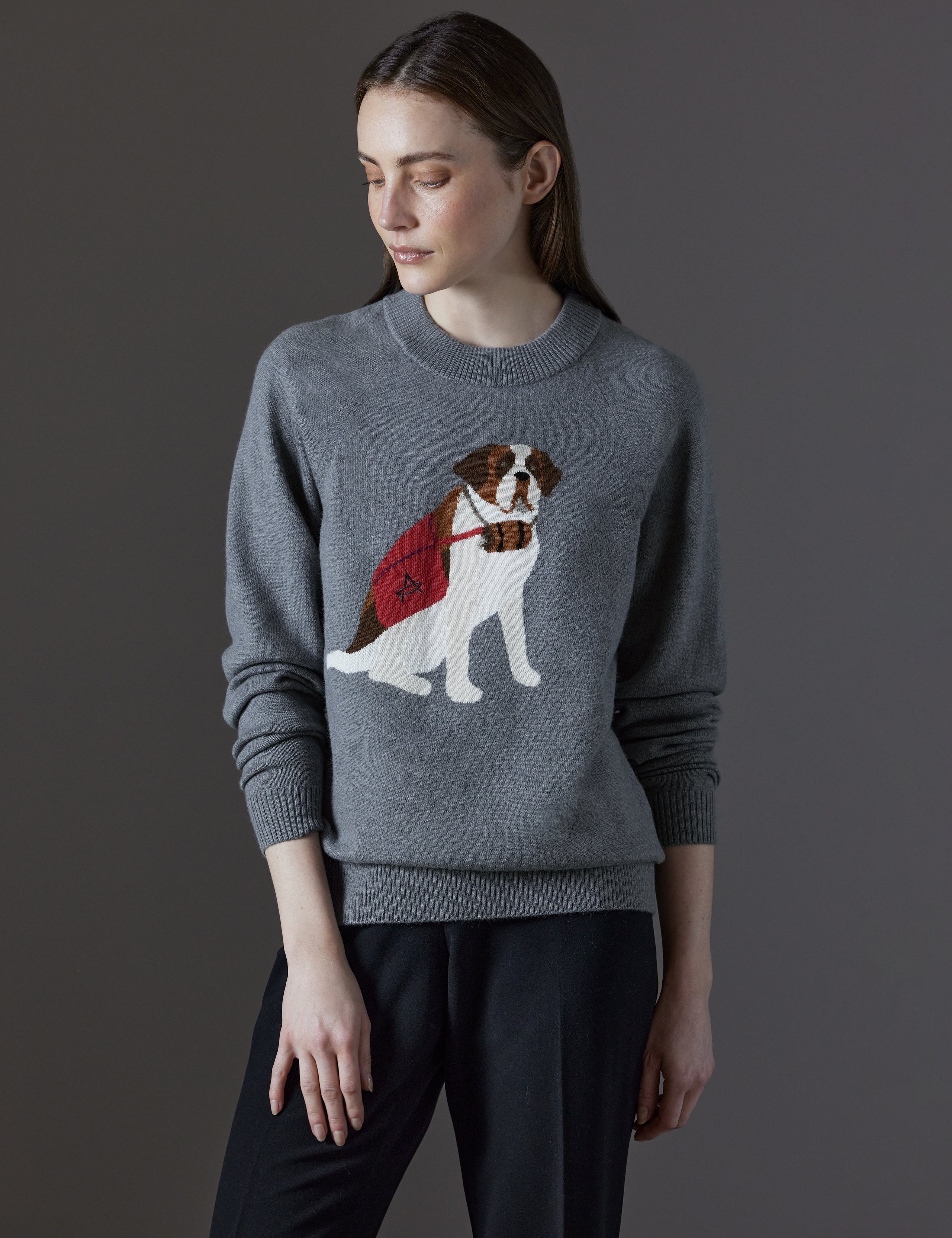 Front body view of woman wearing Mosie Sweater in Light Heather Grey from AETHER Apparel.