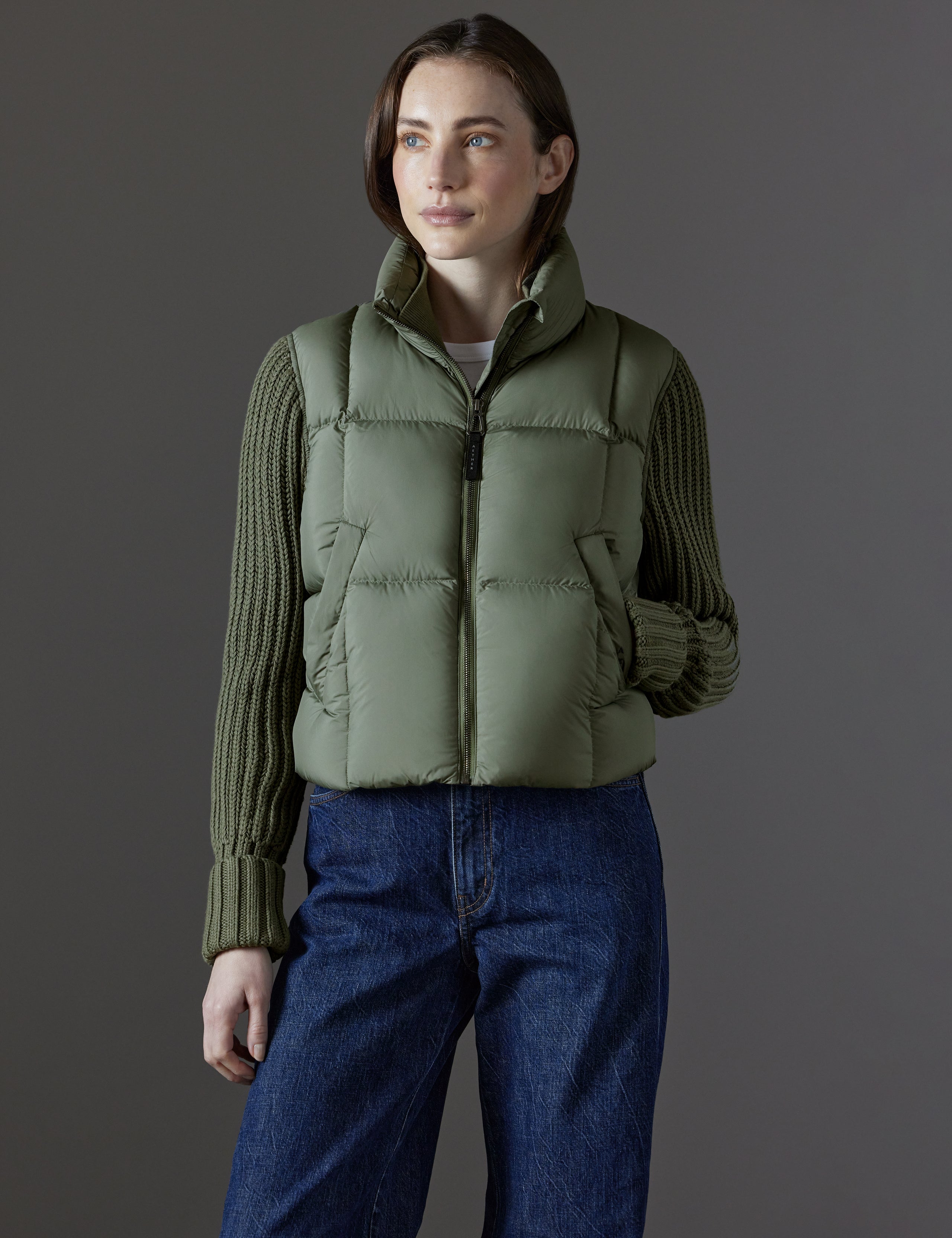 Front view of woman wearing Nina Cardigan-Sleeve Jacket in Fern Green from AETHER Apparel.