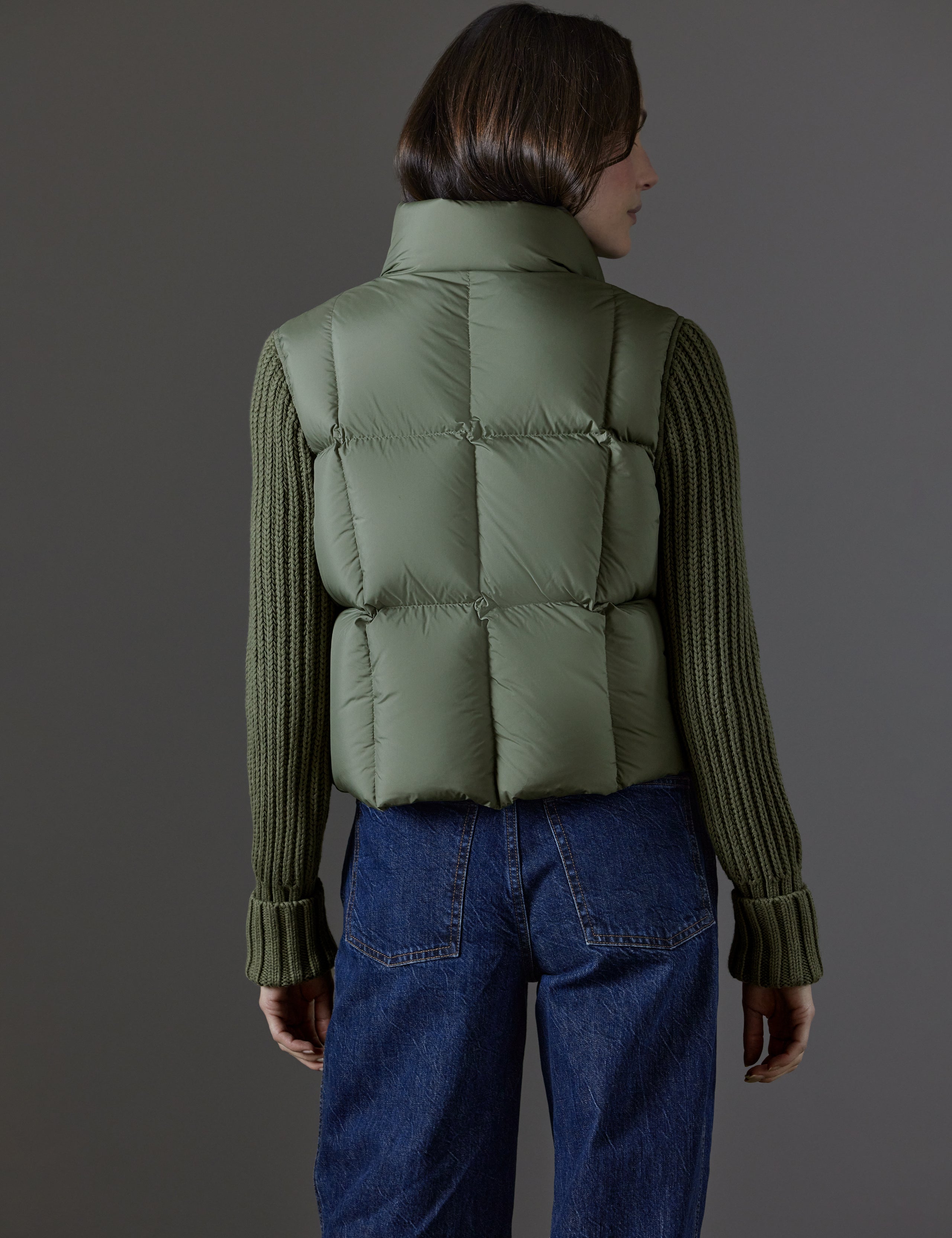 Rear view of woman wearing Nina Cardigan-Sleeve Jacket in Fern Green from AETHER Apparel.