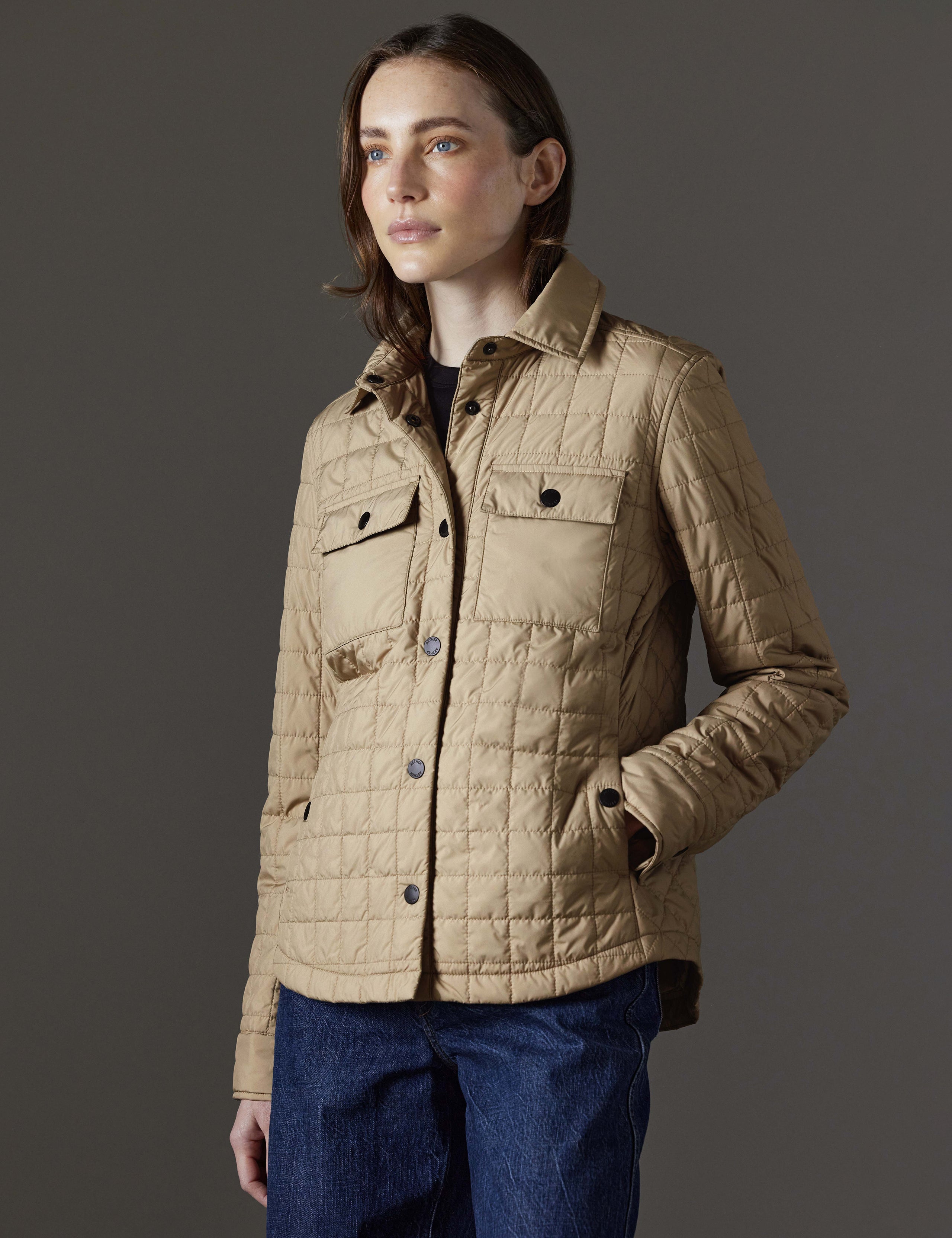 Front angled view of woman wearing Bardo Shirt Jacket in Chinchilla Brown from AETHER Apparel.