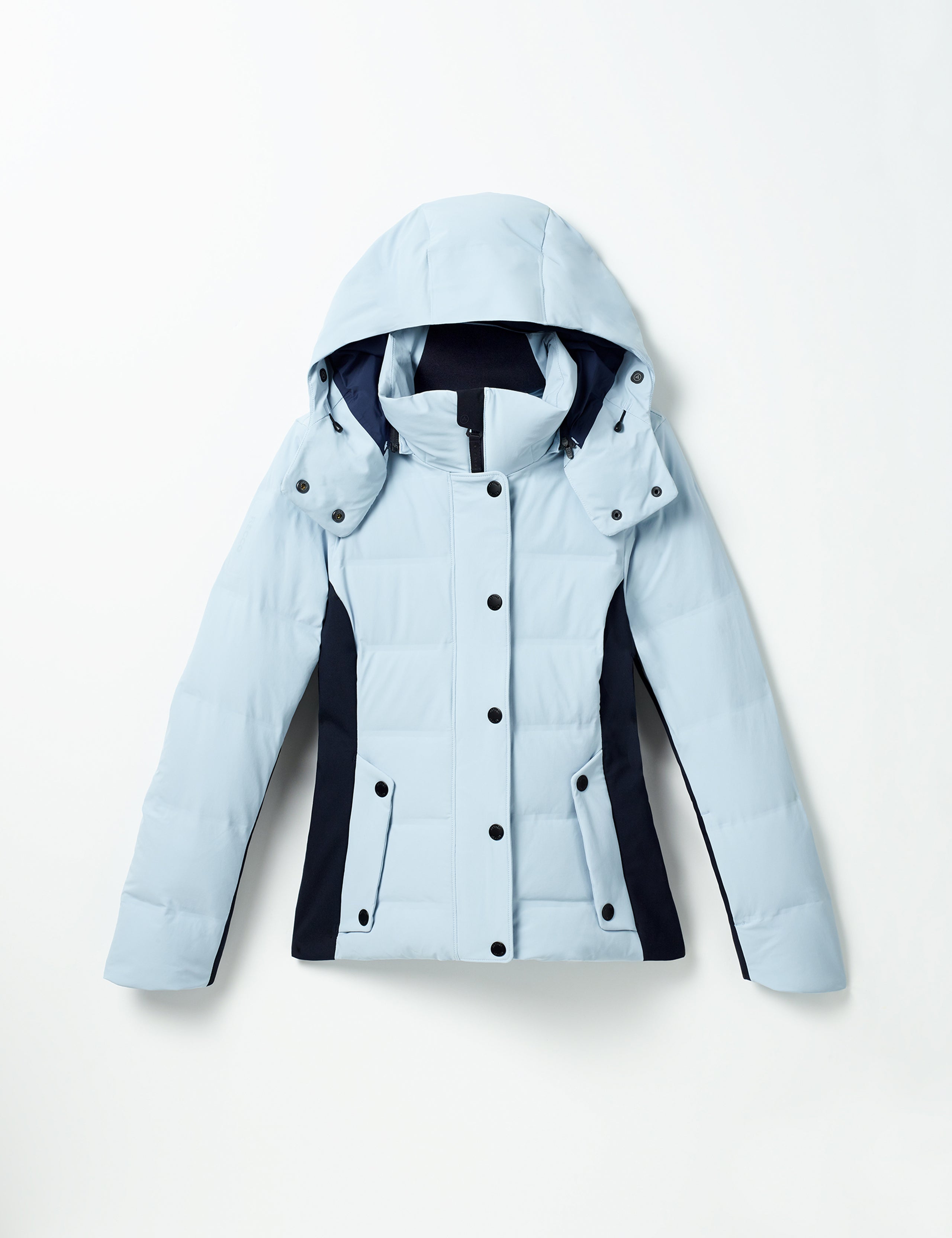 Flay lay of women's Torino Jacket in Vista Blue from AETHER Apparel.